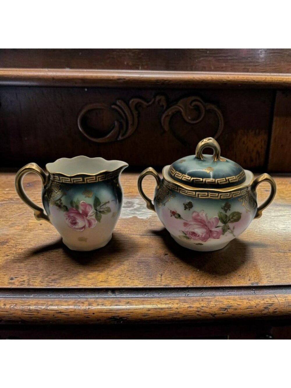 Vintage Z.S. & Co. Bavaria Mignon Creamer & Sugar Bowl With Lid Pink Rose Floral
